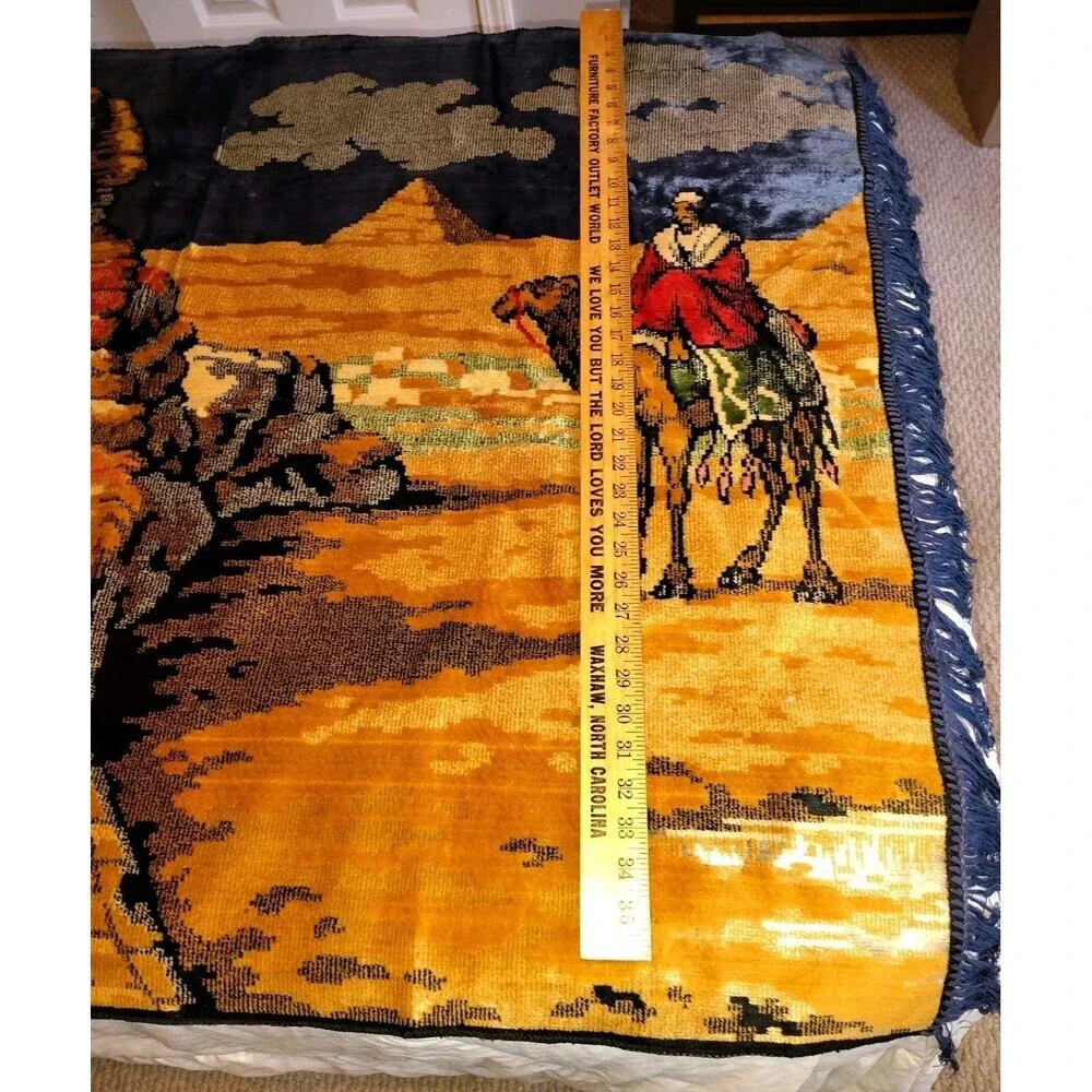 ​Vintage Large Velvet Egyptian Tapestry 59x39, Mid Century Sphinx Pyramids Camel